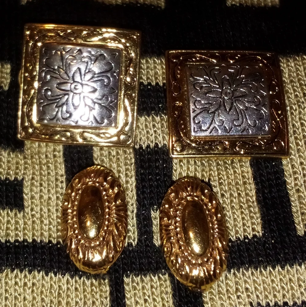 Vintage 2 Pair Premier Gold Tone Omega Clip Earrings Engraved
